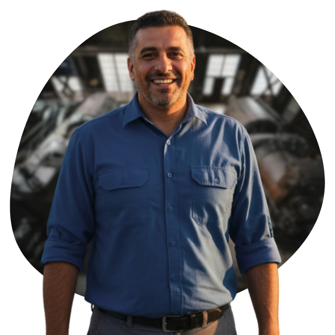 Mechanic standing in front of his automotive workshop smiling at the camera