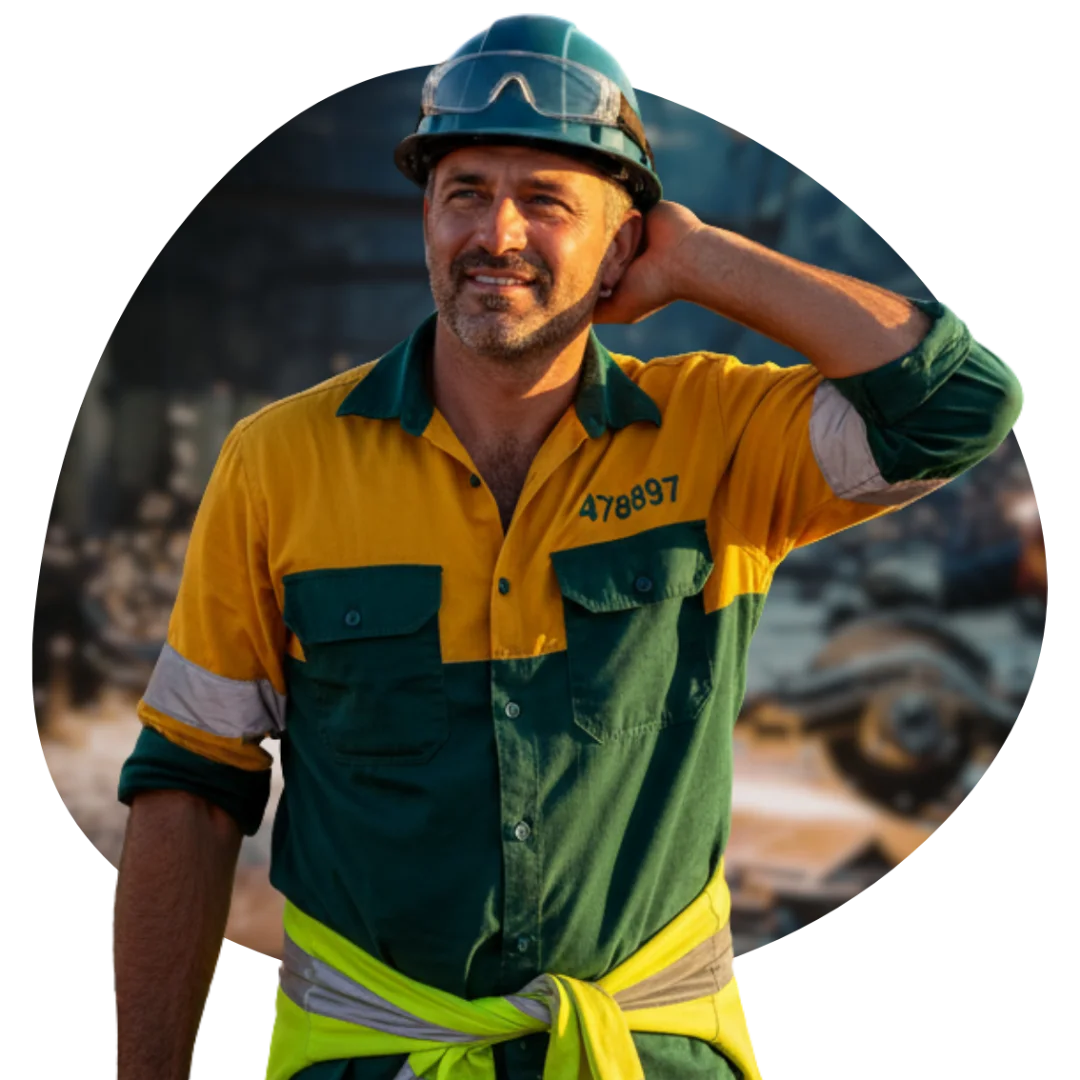 Mine manager wearing high-vis work gear standing at a mining site and looking toward the distance