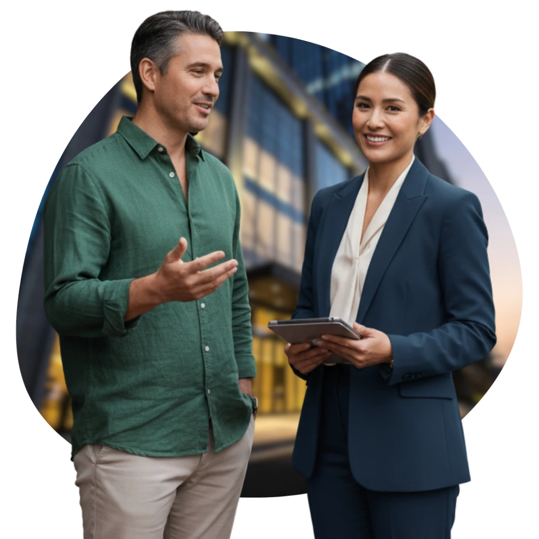 Female mortgage broker holding a tablet speaking with a male client in front of a commercial building in a business park