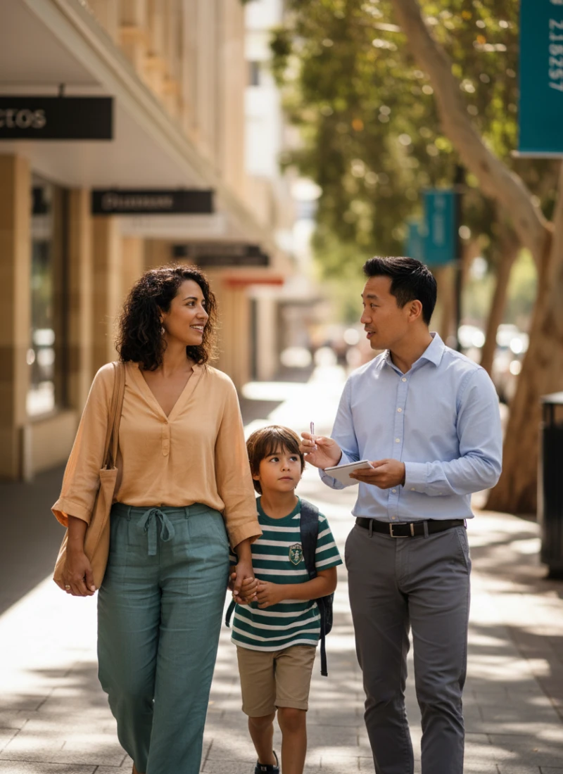Family of three walking along a residential street in Melbourne while discussing their plans