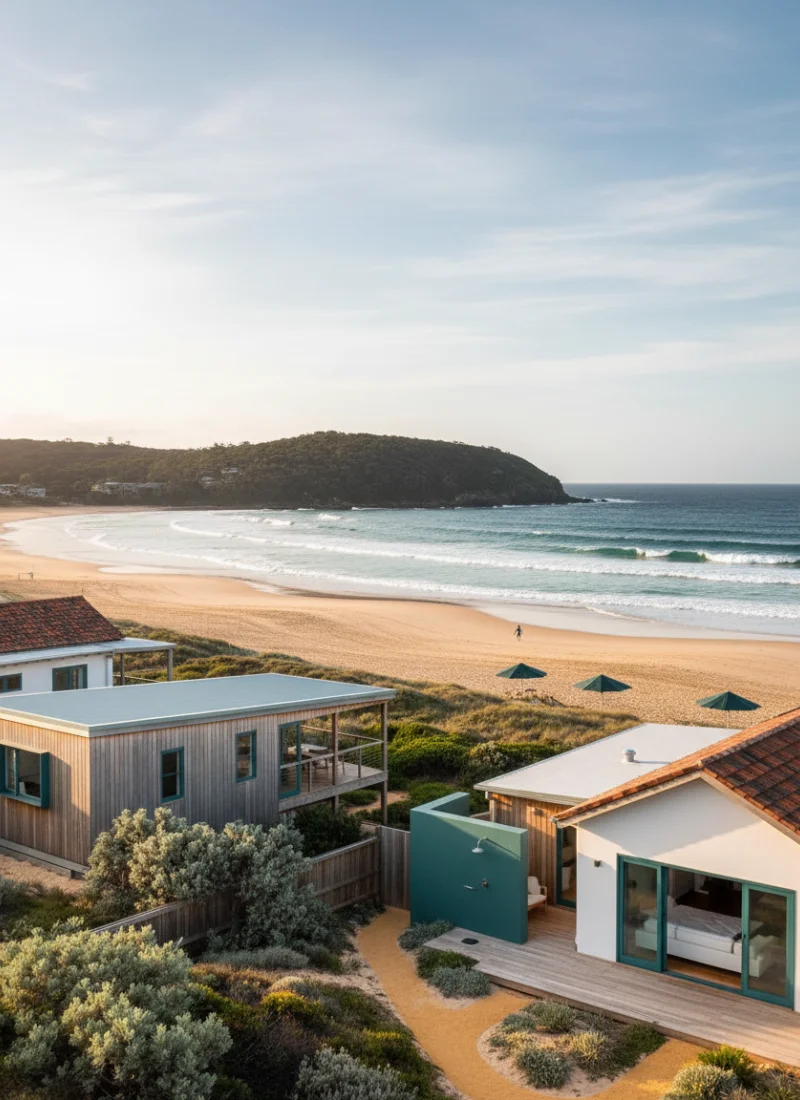 Beach houses along the coastline in Victoria on a bright sunny day