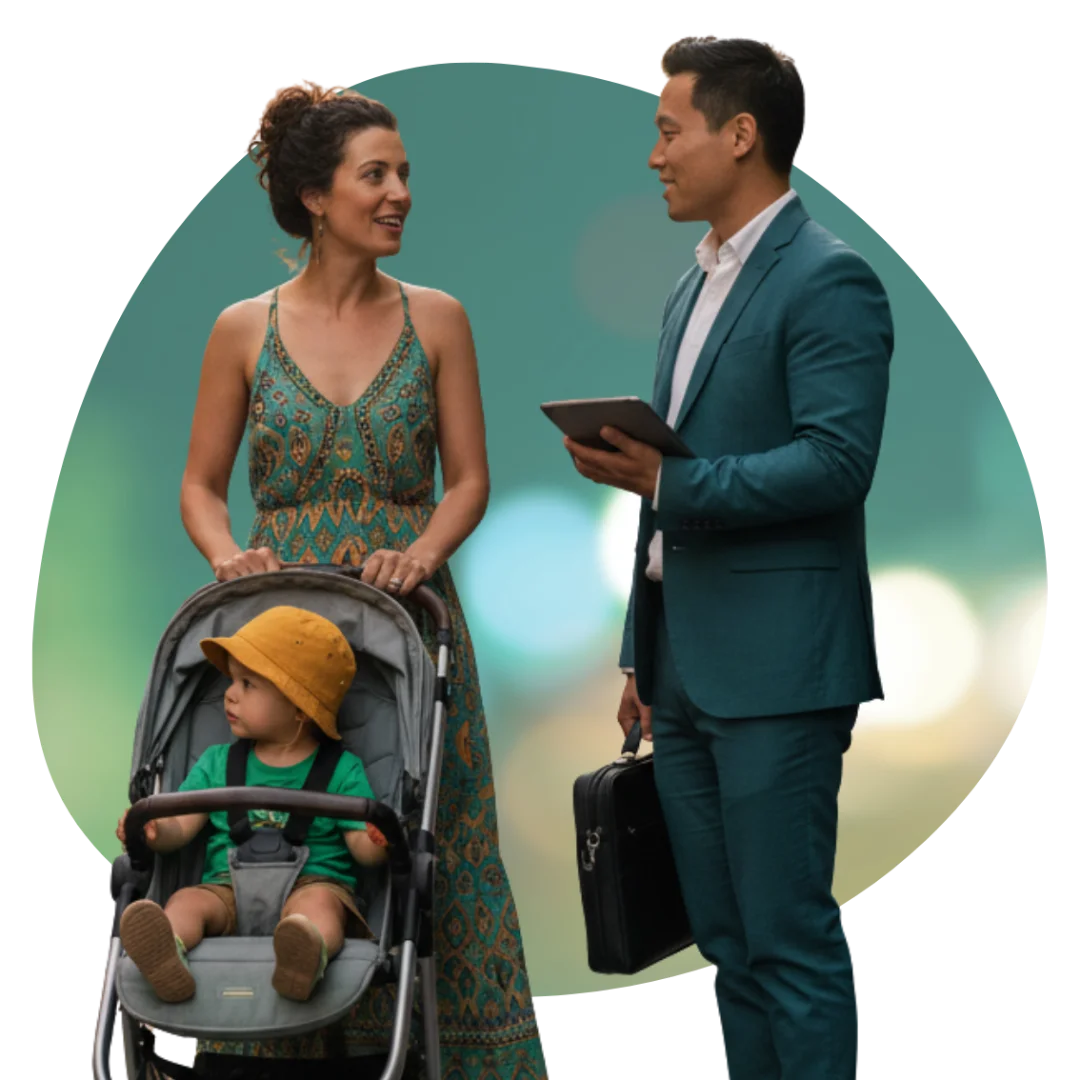 Mother pushing a pram with a toddler while speaking with a mortgage broker about refinancing options