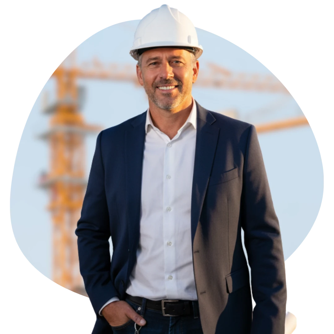 Construction director wearing a suit and hard hat standing at a worksite with cranes and construction activity in the background