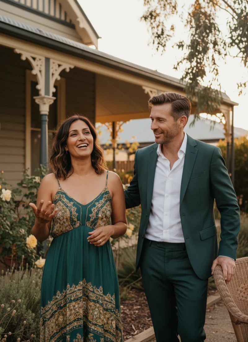 Professional young woman and businessman standing in front of a traditional house in country Queensland