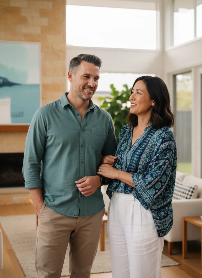 Middle-aged couple standing inside their home looking pleased and relieved