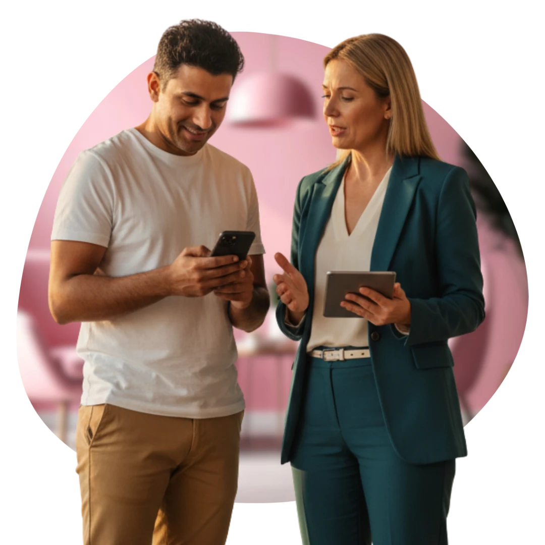 Man in his 30s looking at his phone while speaking with a female mortgage broker