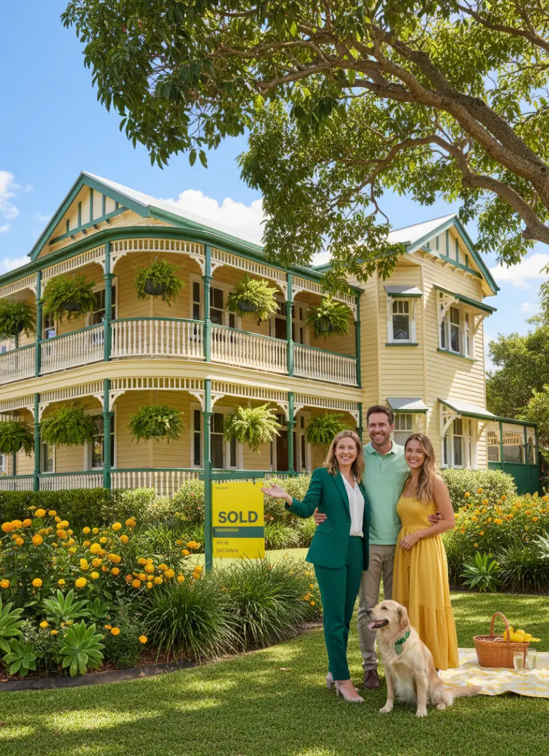 Couple standing with their real estate agent outside a recently sold Queenslander-style house