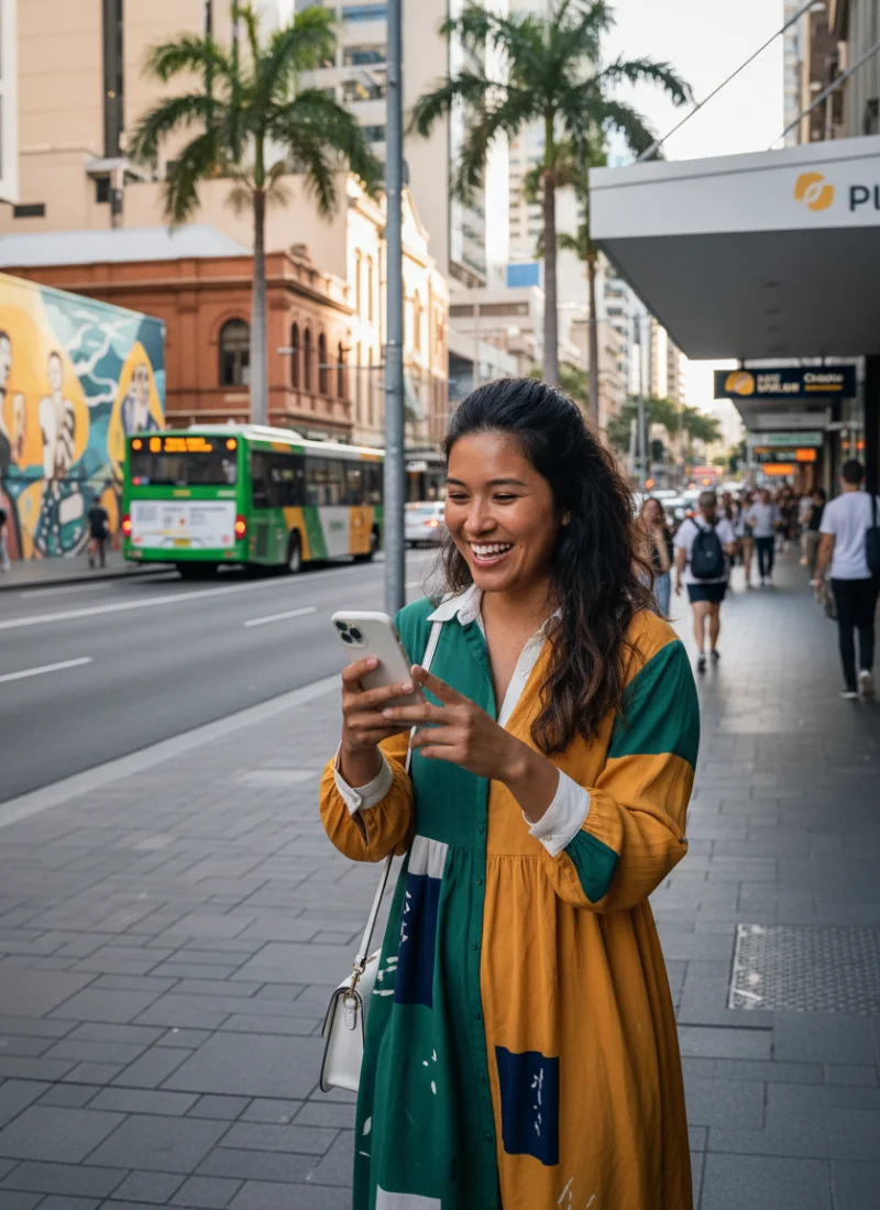 Woman smiling while looking at her phone on a street in Brisbane CBD