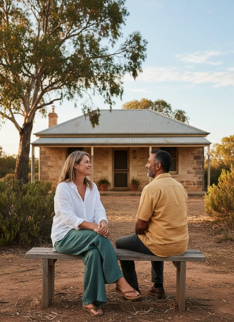 Couple standing proudly in front of their newly purchased traditional country home in South Australia