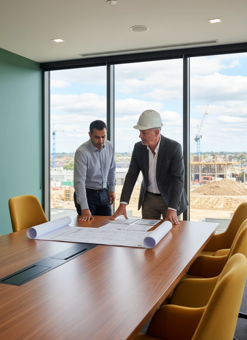 Construction manager and finance professional reviewing building plans in a boardroom with a construction site visible in the distance