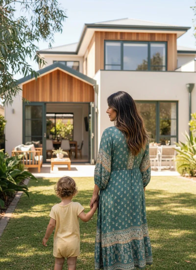 Mother standing in the backyard with her child while looking toward their house