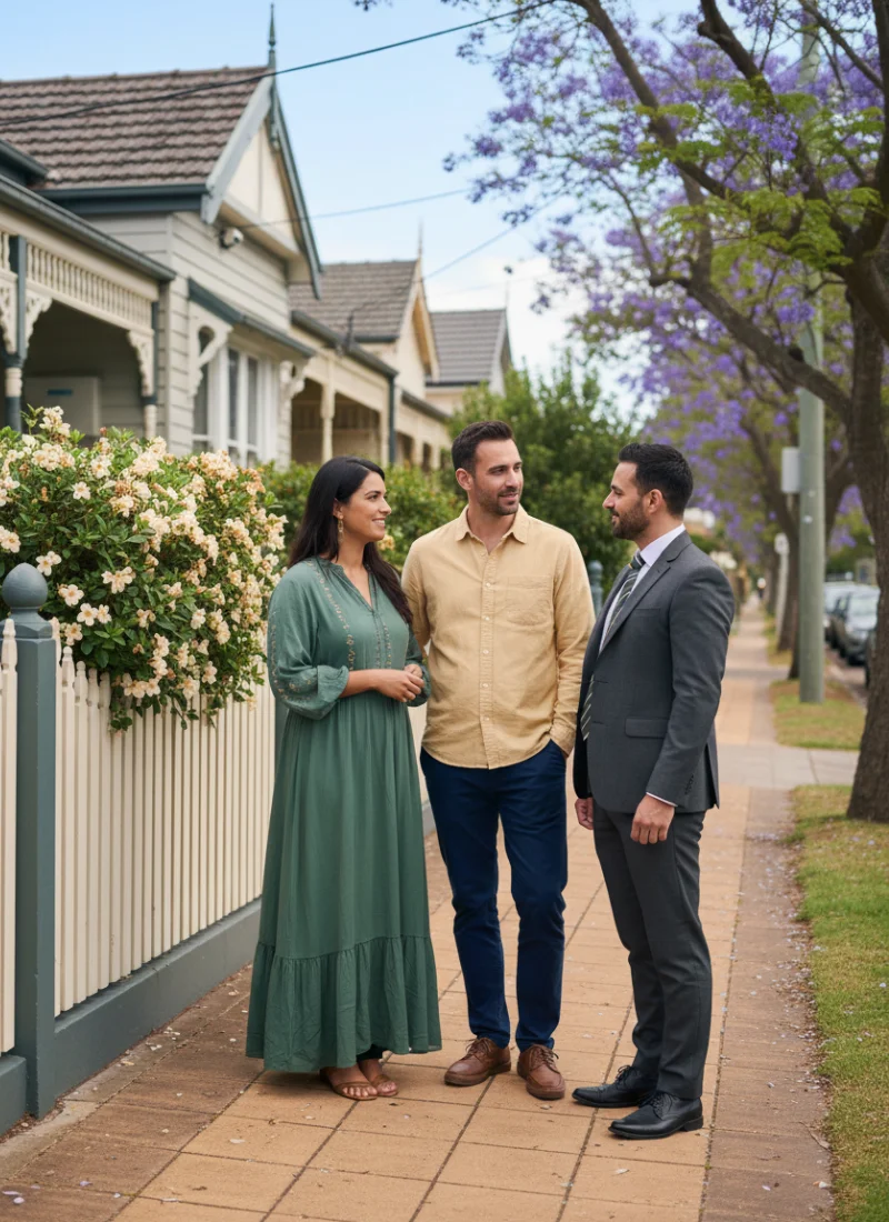 Middle-aged couple speaking with a mortgage broker on a suburban Sydney street
