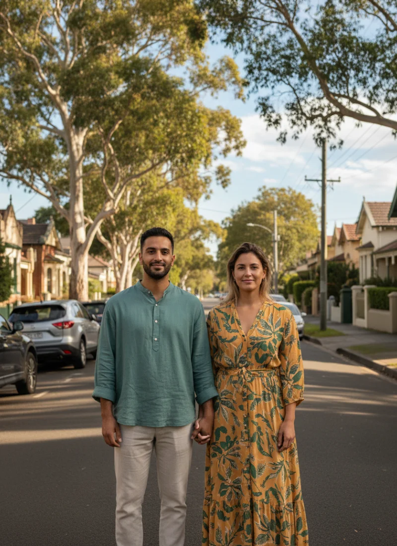 Young couple holding hands while standing in a suburban Sydney street surrounded by family homes