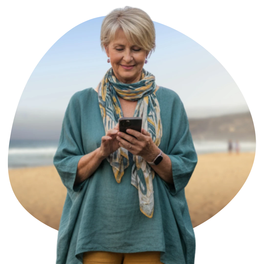 Woman around 50 standing at a beach in Perth looking at her phone while reviewing financial information