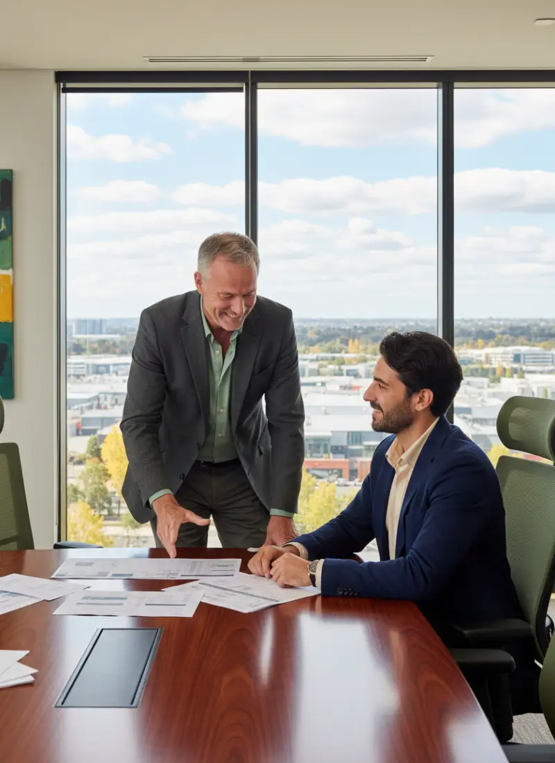 Broker and client meeting in a boardroom overlooking a business park in Adelaide