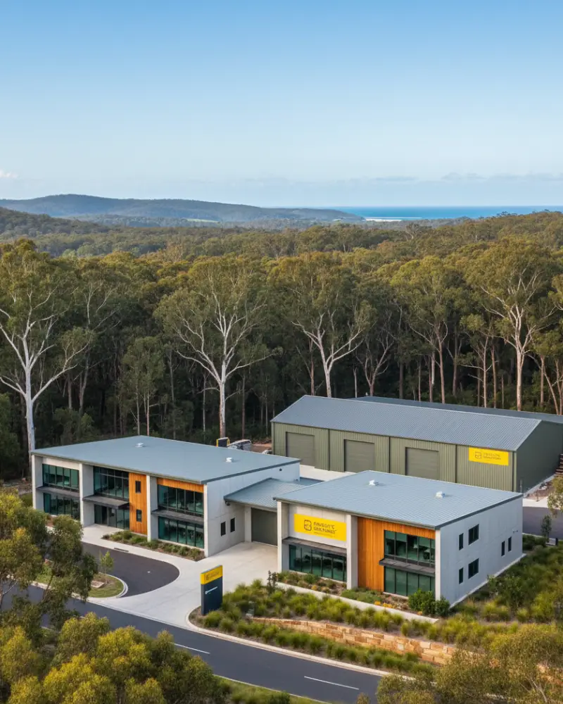 Drone view of a business park with warehouses in Byron Bay NSW