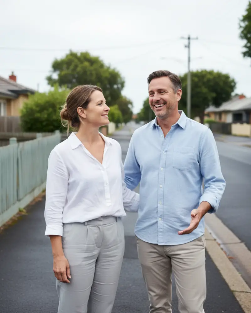 Middle-aged couple talking together on a suburban street in Salisbury East Adelaide