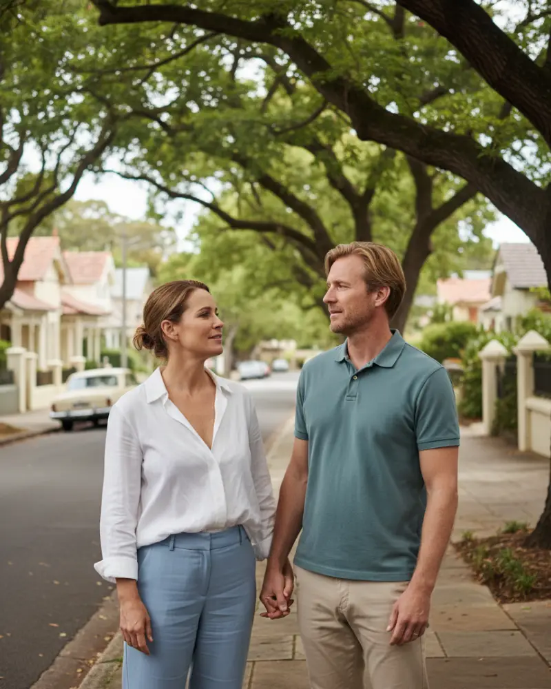 Casually dressed woman standing on a street in Mosman speaking with another person about financial matters
