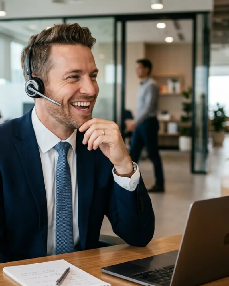 Mortgage broker in an office wearing a headset and smiling while speaking with a client about interest rate changes