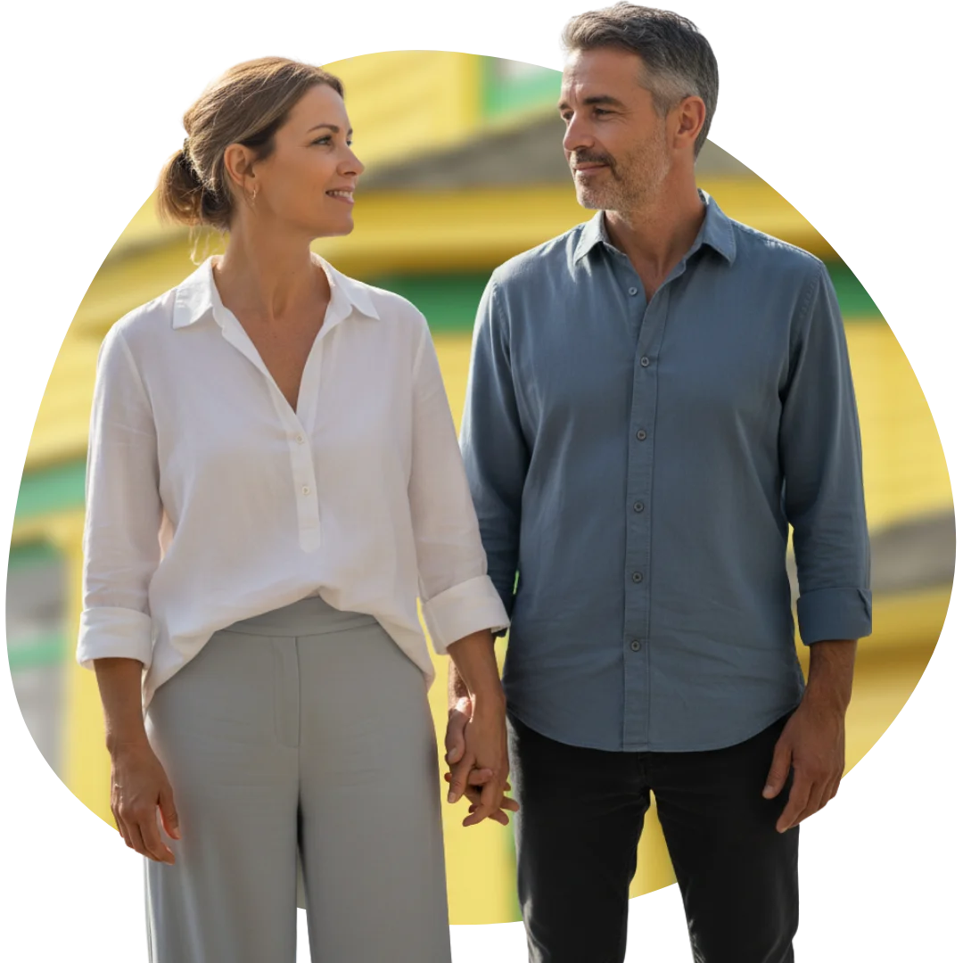 Husband and wife standing together looking relieved after arranging finance for their primary residence