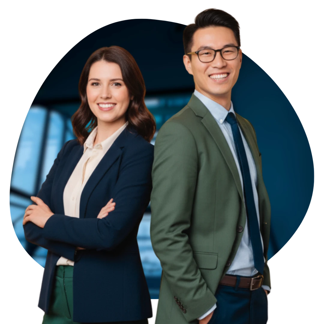 Smartly dressed businessman and businesswoman standing in an office and facing the camera