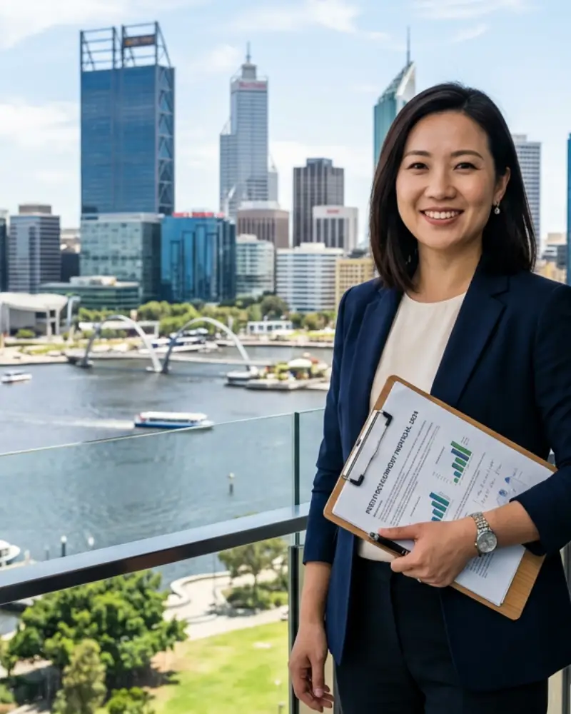 Mortgage broker standing in a boardroom with Perth city skyline in the background