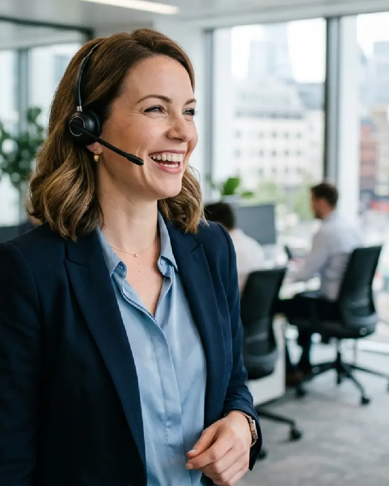 Professional woman in a modern office wearing a headset and smiling while speaking with a client about refinancing options
