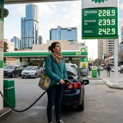 Woman checking rising fuel prices while filling up car in Perth CBD Australia