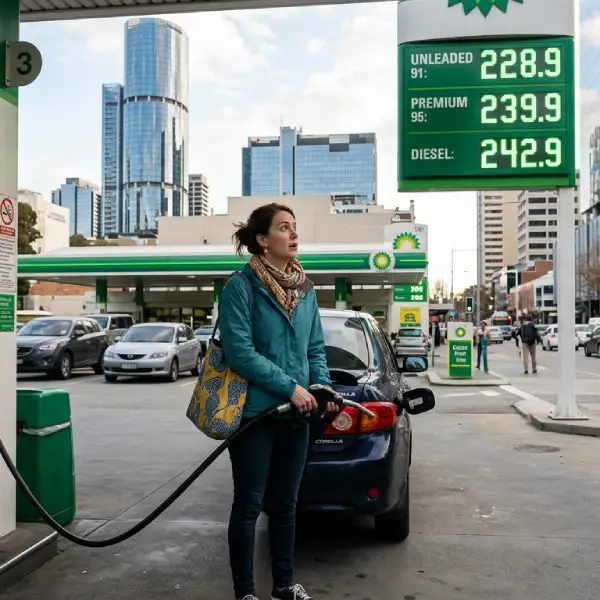 Woman checking rising fuel prices while filling up car in Perth CBD Australia