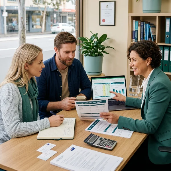Australian couple discussing refinancing options with mortgage broker