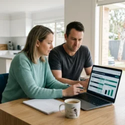 Australian couple reviewing mortgage refinance options on laptop at home