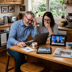 Australian couple sitting in their kitchen reviewing the latest RBA interest rate announcement on laptops and tablets