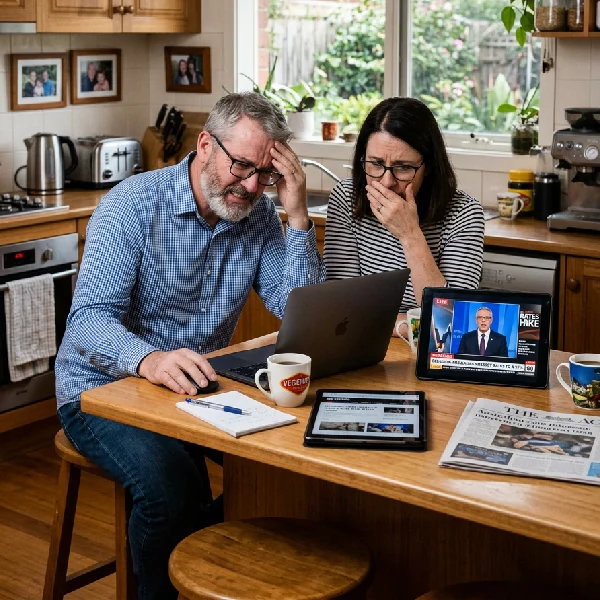 Australian couple sitting in their kitchen reviewing the latest RBA interest rate announcement on laptops and tablets