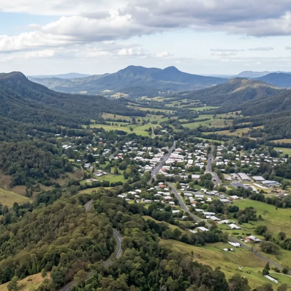 Drone view of the South-East Queensland hinterland showcasing regional property growth areas