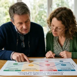 Middle-aged Australian couple reviewing property market growth cycles and investment opportunities