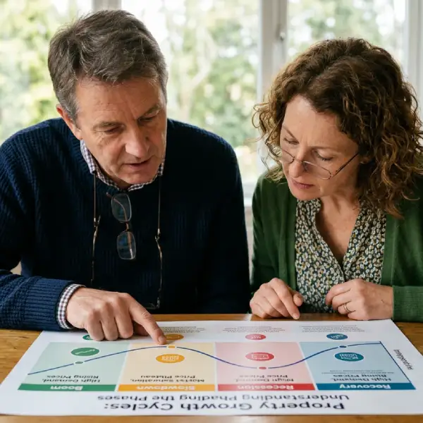 Middle-aged Australian couple reviewing property market growth cycles and investment opportunities