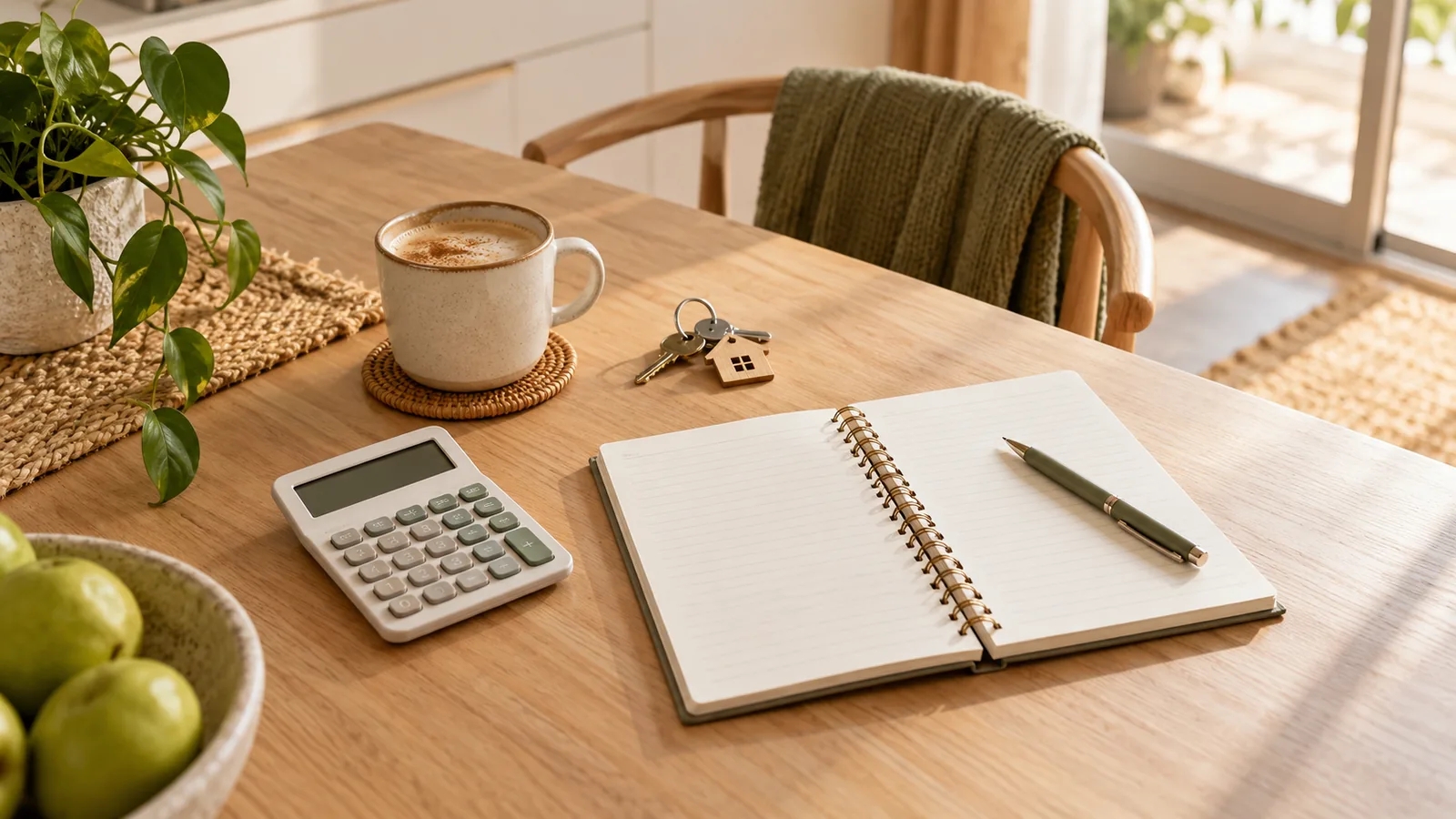 Mortgage Repayment and Household Budget Planning Notebook, calculator, coffee and house keys arranged on a timber table