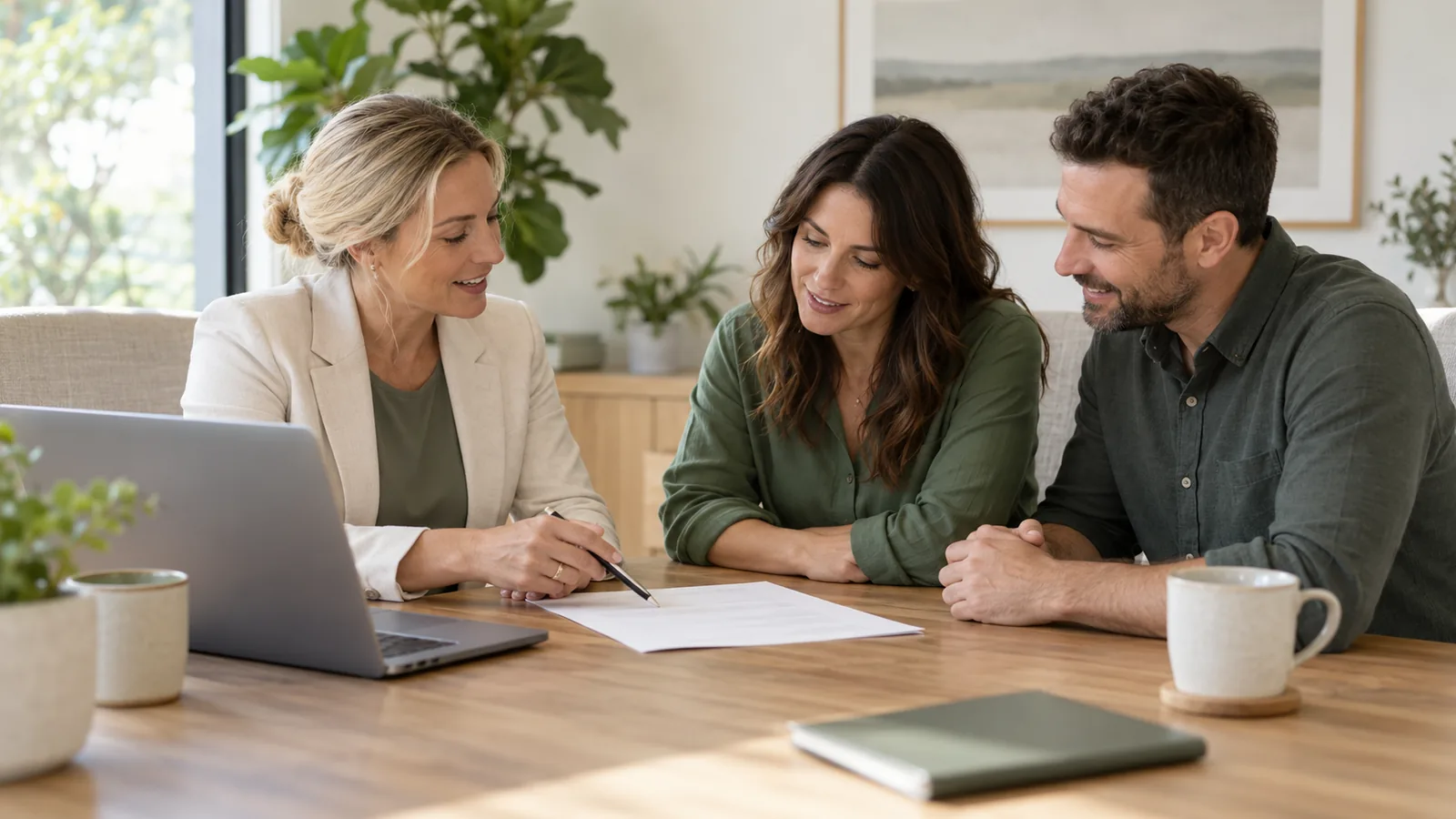 Home Loan Review with a Mortgage Broker A couple and a mortgage professional discussing documents at a meeting table