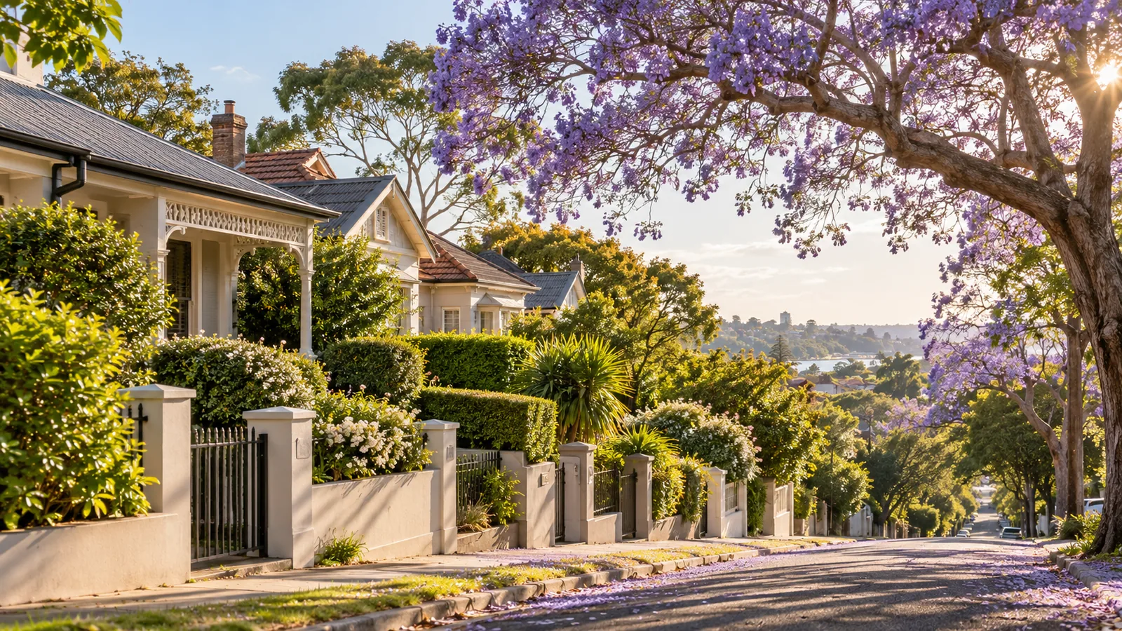 Sydney Homes and Mortgage Rate Reviews Leafy residential street with Australian homes and a flowering jacaranda tree